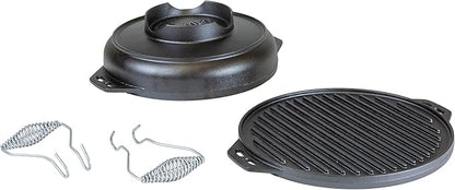 Lodge Cast Iron Cook-It-All Kit. Five-Piece Cast Iron Set includes a Reversible Grill/Griddle 14 Inch, 6.8 Quart Bottom/Wok, Two Heavy Duty Handles, and a Tips & Tricks Booklet.
