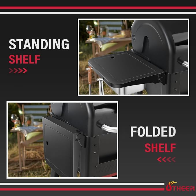 Utheer Grill Side Table Shelf for Weber Searwood 600/600XL – Foldable BBQ Prep Station with Works Cutting Board, Stainless Steel Basin, Lid & Hooks, Side Table for Weber Searwood 600 Accessories