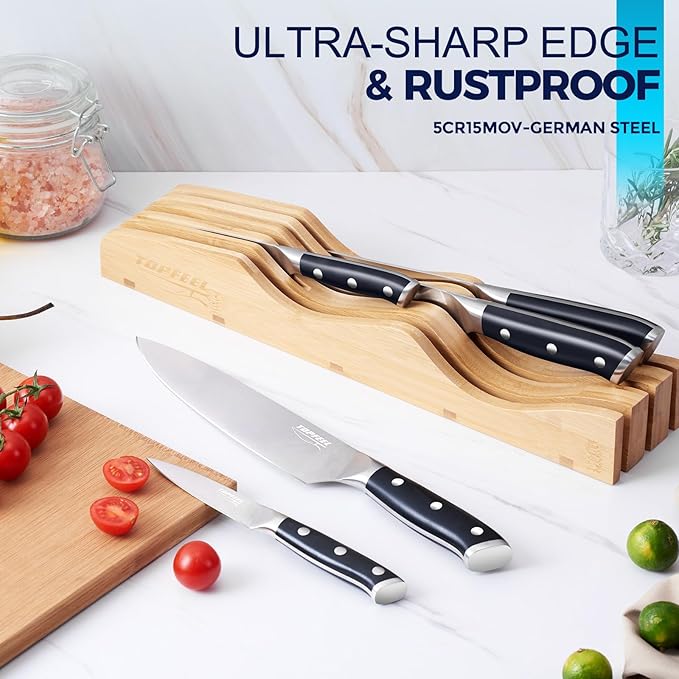 Topfeel 6Pcs Kitchen Knife Set with In-Drawer Bamboo Knife Organizer- 3.5-8 Inch Set Kitchen Knives German High Carbon Stainless Steel Sharp Knife, Knives Set for Kitchen with Ergonomic Handle