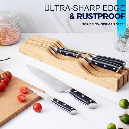 Topfeel 6Pcs Kitchen Knife Set with In-Drawer Bamboo Knife Organizer- 3.5-8 Inch Set Kitchen Knives German High Carbon Stainless Steel Sharp Knife, Knives Set for Kitchen with Ergonomic Handle
