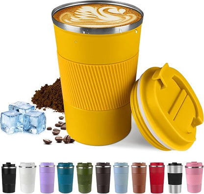 SPLMIFA Vacuum Insulated Travel Coffee Mug, Reusable Stainless Steel Tumbler with Leak-Proof Lid, Keeps Drinks Hot or Cold for Hours, Durable Portable Cup for Men & Women (3rd-Yellow, 12oz)