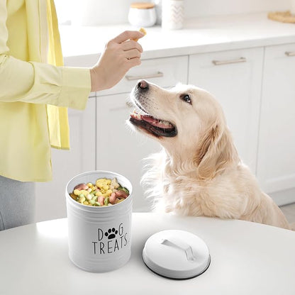 OUTNILI Small Dog Treat Container Airtight - 6" Tall X 4.9" Round White Dog Treat Jar for Kitchen Counter - Rustic Treat Storage Canister for Dogs, Cats, Small Animals - Gifts for Pet Owners