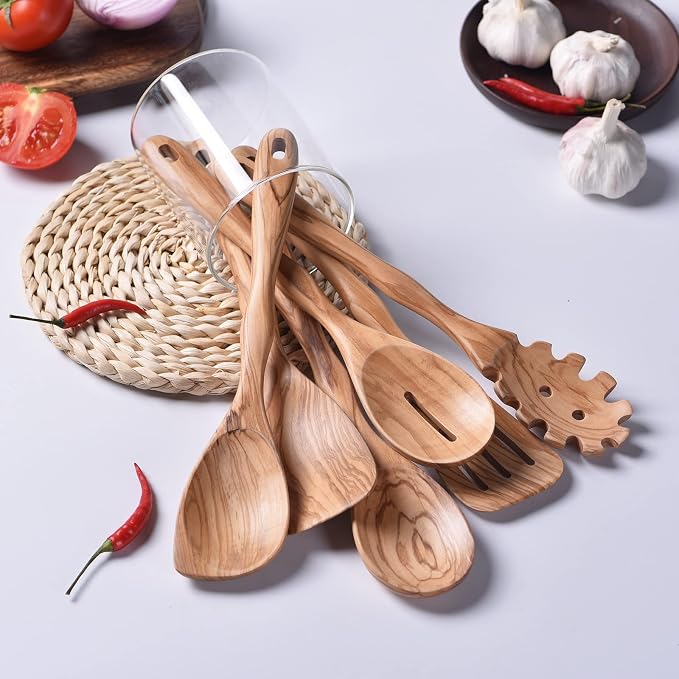 Gudamaye 12 inch Olive Wooden Utensils for Cooking, Long Handle Wooden Spoons, 6 Pieces Crafting Wooden Spoon Set, Natural Olive Wood Kitchen Utensil Set