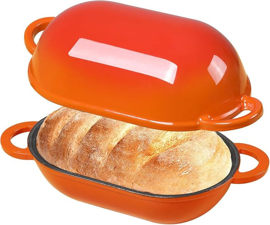 Enameled Cast Iron Sourdough Bread Oven, 2.5 QT Loaf Cast Iron Bread Pan with Lid, Oval Dutch Oven for Homemade Bread Baking, Meatloaf Pan with Lid (Orange)