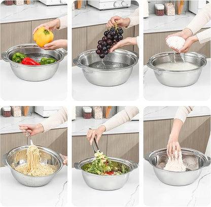 Paoli 304 Stainless Steel Fine Mesh Colander Set, 4QT Large Capacity Strainer with Mixing Bowl — Rinse Fruits, Veggies, Rice & Drain Pasta, Dishwasher Safe (2-Piece)