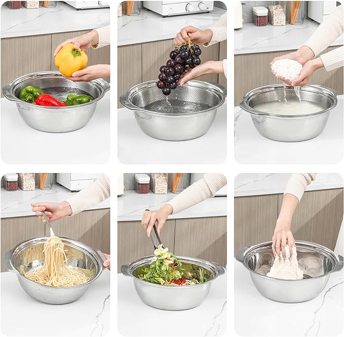Paoli 304 Stainless Steel Fine Mesh Colander Set, 2.5QT Large Capacity Strainer with Mixing Bowl — Rinse Fruits, Veggies, Rice & Drain Pasta, Dishwasher Safe (2-Piece)