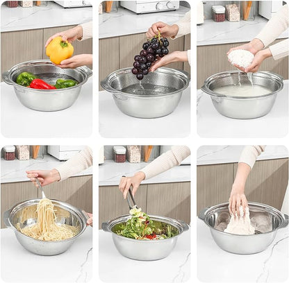 Paoli 304 Stainless Steel Fine Mesh Colander Set, 2.5QT Large Capacity Strainer with Mixing Bowl — Rinse Fruits, Veggies, Rice & Drain Pasta, Dishwasher Safe (2-Piece)