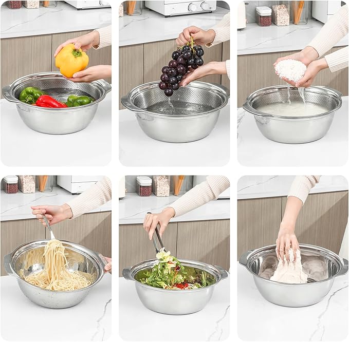 Paoli 304 Stainless Steel Fine Mesh Colander Set, 3.5QT Large Capacity Strainer with Mixing Bowl — Rinse Fruits, Veggies, Rice & Drain Pasta, Dishwasher Safe (2-Piece)