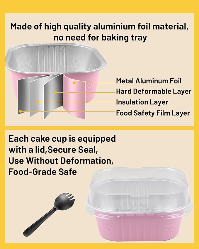 50 Pack 10oz Square Mini Cake Pans with Lids and Spoons,Aluminum Foil Baking Cups,Disposable Mini Loaf Pans Ramekins for Brownie, Cheesecake, Mousse & Wedding Party Favors-Pink