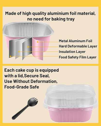 50 Pack 10oz Square Mini Cake Pans with Lids and Spoons,Aluminum Foil Baking Cups,Disposable Mini Loaf Pans Ramekins for Brownie, Cheesecake, Mousse & Wedding Party Favors-Pink