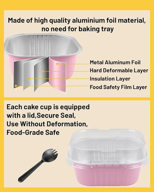 50 Pack 10oz Square Mini Cake Pans with Lids and Spoons,Aluminum Foil Baking Cups,Disposable Mini Loaf Pans Ramekins for Brownie, Cheesecake, Mousse & Wedding Party Favors-Pink