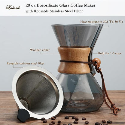 Lalord Pour Over Coffee Maker with Stainless Steel Filter, 20 oz Borosilicate Glass Coffee Carafe, Wooden Collar, Coffee Maker Carafe, Hold 3-4 Cups, 600 ml, Gray