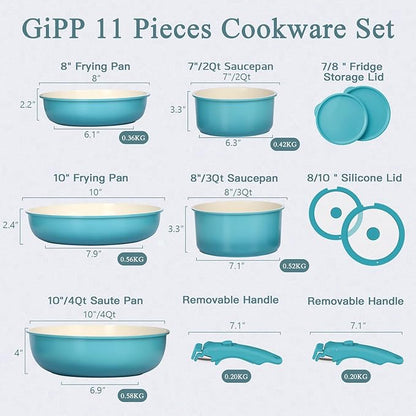 GIPP 11pcs Pots and Pans Set Non Stick, Nonstick Cookware Set Detachable Handle, Ceramic Pots for Cooking Non Stick with Removable Handle, RV Cookware Set for All Stoves, Light Blue Gradient