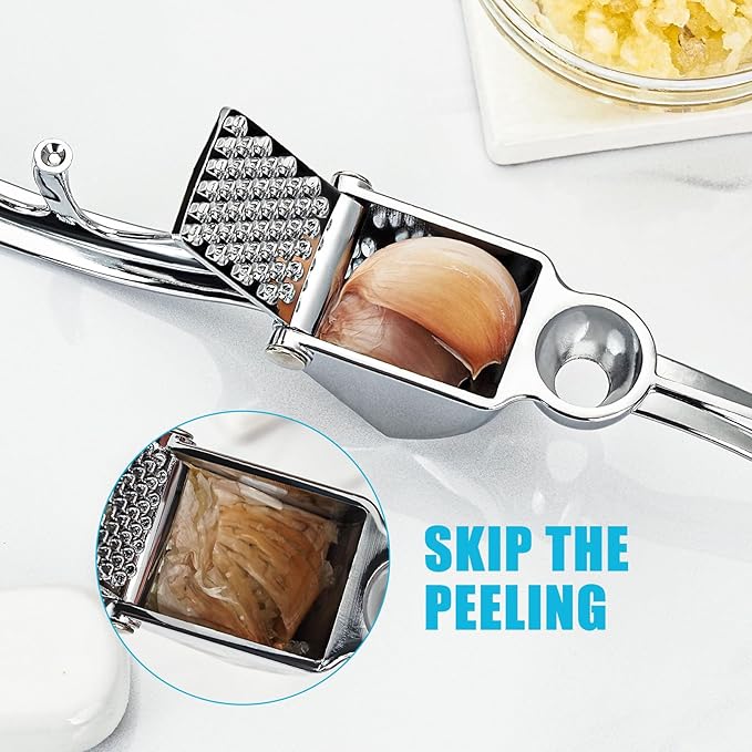 Garlic Press, Premium Metal Garlic Mincer Tool, Heavy Duty Garlic Crusher with Ergonomic Handle, Rust Proof & Dishwasher Safe, Easy to Squeeze and Clean -Silver