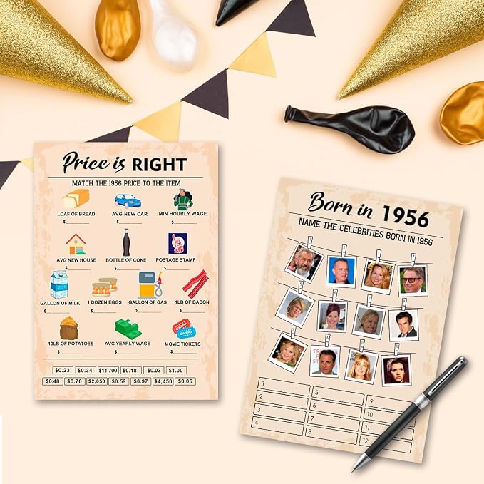 QUPT 70th Birthday Party Games, Set of 2 Activities for 15 Guests, Born in 1956 Games Bundle, Birthday Party Supplies for Adults, Pack of 30 Cards