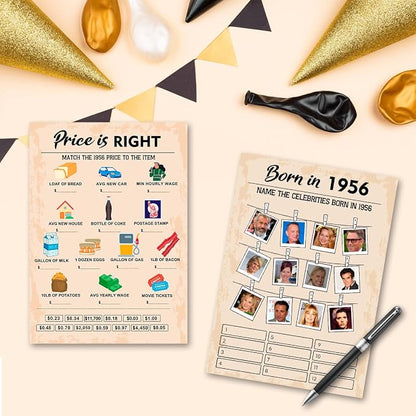 QUPT 70th Birthday Party Games, Set of 2 Activities for 15 Guests, Born in 1956 Games Bundle, Birthday Party Supplies for Adults, Pack of 30 Cards