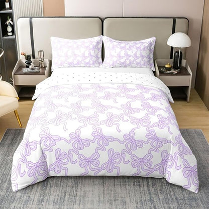 Castle Fairy 100% Natural Cotton Cute Bow Bedding Set King Size Purple Coquette Bowtie Duvet Cover Luxury Light Watercolor Ribbon Bowknot Preppy Style Comforter Cover (No Comforter)
