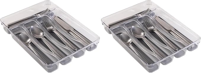 Kitchen Details 23195 Utensil and Cutlery Drawer Organizer, Divider, Tray, Storage, 5 Compartment, Clear (Pack of 2)