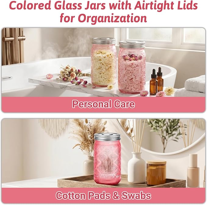 Pink Mason Jars 32 oz with Stainless Steel Leakproof Lids, 2 Pack Wide Mouth Colored Glass Jars for DIY Crafts, Wedding Centerpieces, Home Decor, Flower Vase, Bathroom Storage