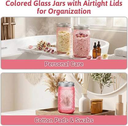 Pink Mason Jars 32 oz with Stainless Steel Leakproof Lids, 2 Pack Wide Mouth Colored Glass Jars for DIY Crafts, Wedding Centerpieces, Home Decor, Flower Vase, Bathroom Storage