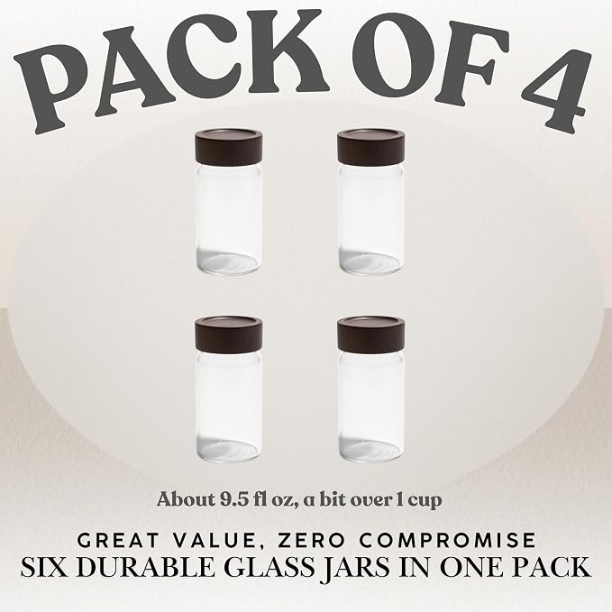 Wide Mouth Glass Storage Jars With 2.5" Acacia Wood Lids - 4 Pack of 9.5 Oz Food Storage Containers - Borosilicate Glass Canisters Sets For Kitchen - Pantry Organizers and Storage for Rice Coffee