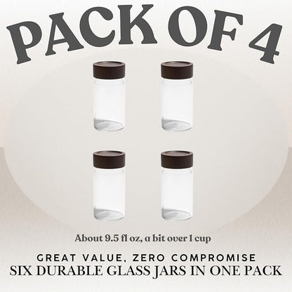 Wide Mouth Glass Storage Jars With 2.5" Acacia Wood Lids - 4 Pack of 9.5 Oz Food Storage Containers - Borosilicate Glass Canisters Sets For Kitchen - Pantry Organizers and Storage for Rice Coffee