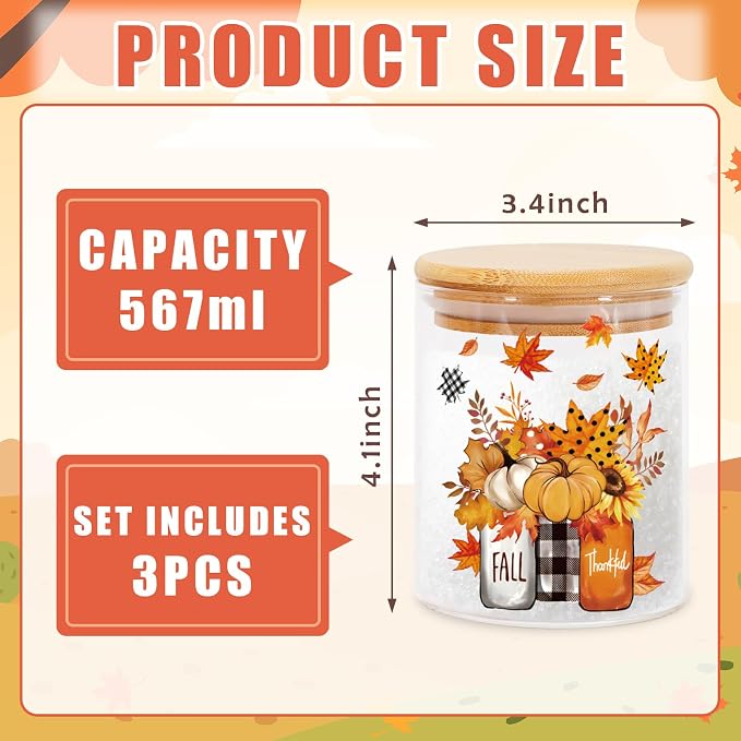JarThenaAMCS 3Pcs Fall Glass Storage Jars with Airtight Lid Pumpkin Truck Leaves Clear Food Storage Canisters Sets for Autumn Thanksgiving Home Kitchen Countertop Decoration
