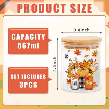 JarThenaAMCS 3Pcs Fall Glass Storage Jars with Airtight Lid Pumpkin Truck Leaves Clear Food Storage Canisters Sets for Autumn Thanksgiving Home Kitchen Countertop Decoration