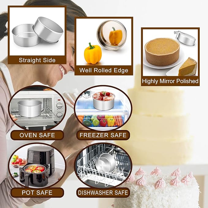 E-far Deep Cake Pan Set of 3 (6 inch/8 inch/9½ inch), Stainless Steel Round Layer Cake Baking Pans, Metal Tier Cake Tins for Wedding Birthday, Leak Proof & Straight Side, Non-toxic & Dishwasher Safe