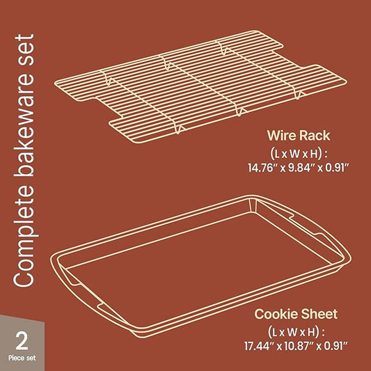 Cookie Sheet with Wire Rack Set, 2-Piece Nonstick Blue Marble Carbon Steel Pan & Cooling Rack, Space-Saving Stackable Set, PFOA, PFOS, PTFE Free, Oven Safe Up to 450°F, 17.4" Pan & 14.7" Rack