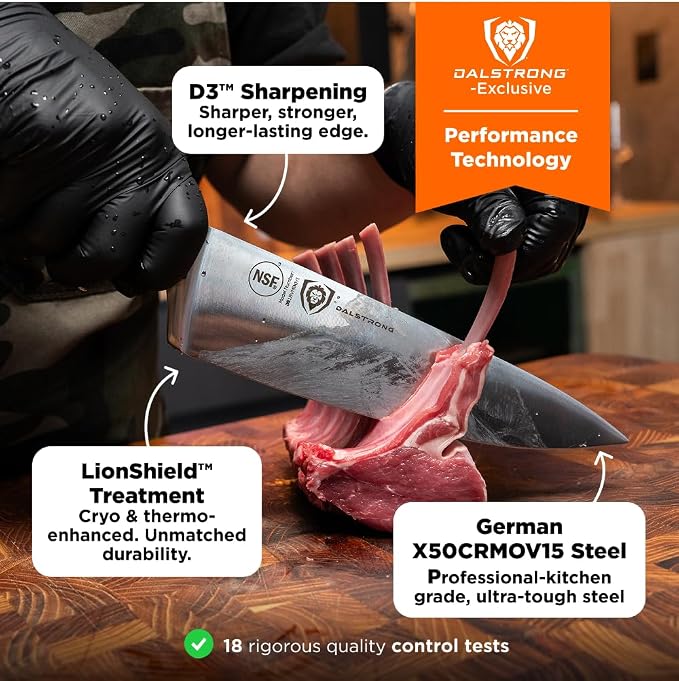Dalstrong 8" Chef Knife — Forged High-Carbon German Steel, Full-Tang, Hand-Polished 16–18° Edge — Gladiator Series ELITE For Daily Home Cooking, BBQ Prep & Professional Kitchens — G-10, NSF