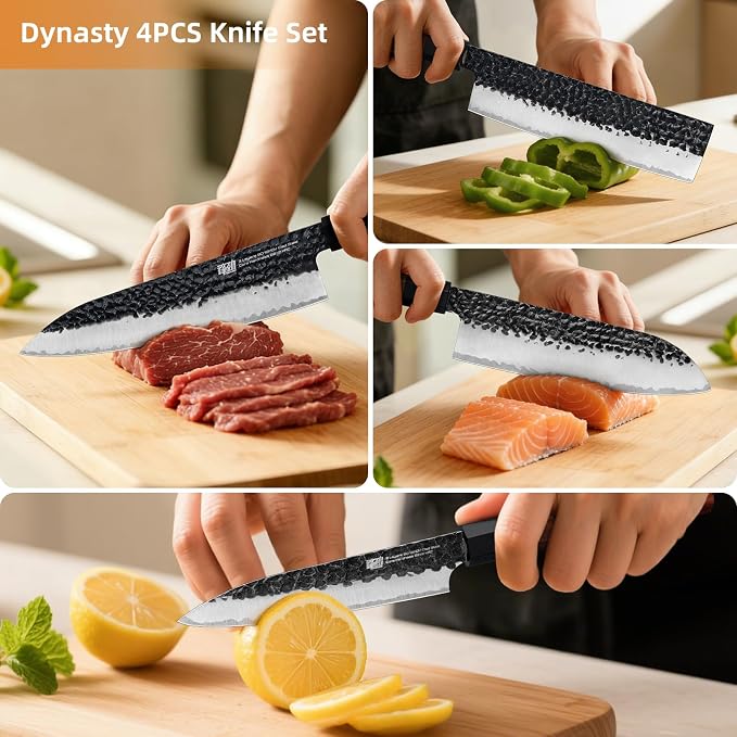 FINDKING 4PCS Kitchen Knife Set, Japanese Chef Knife Set with 9Cr18MoV High Carbon Steel Hammered Blades, Rosewood Octagonal Handles, for Meat, Fruits and Vegetables, Dynasty Series
