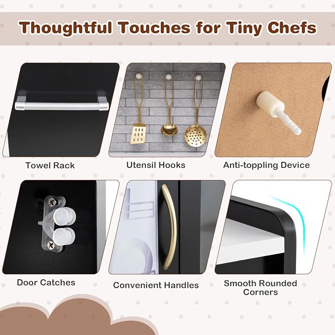 HONEY JOY Kids Kitchen Playset, Wooden Little Chef Pretend Toy Kitchen Set w/Chalkboard, Telephone, Utensils, Oven, Microwave, Sink, Storage, Play Kitchen for Toddlers Boys Girls, Black