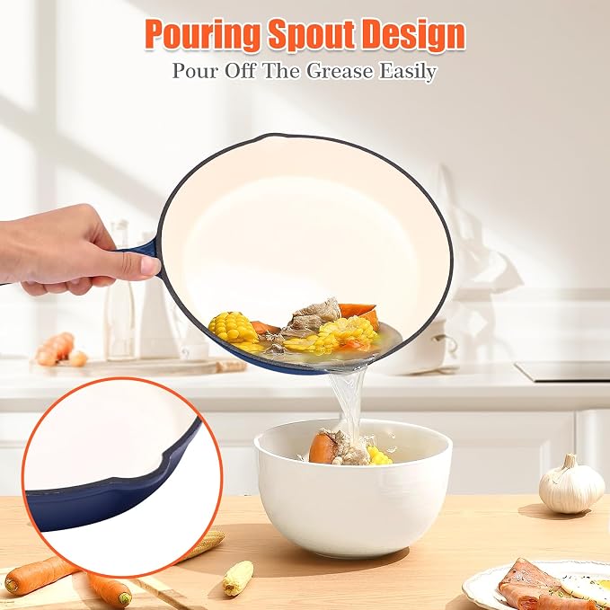 Nonstick Enameled Cast Iron Cookware - 3 enameled cast iron skillet 8-Inch, 9.5" Frying Pan & 11-Inch Large Cookware, Healthy Non Toxic Cooking Pan, PFOA PFAS PTFE Free, Navy