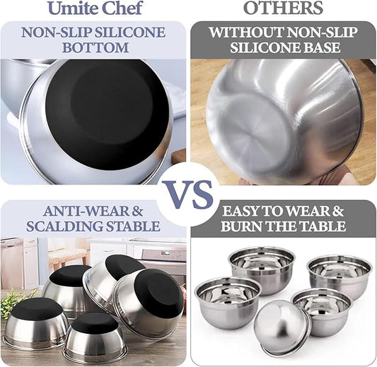 Umite Chef Mixing Bowls with Airtight Lids, 8PCS Stainless Steel Nesting Mixing Bowls Set, 3 Grater Attachments & Non-Slip Bottoms, Black Kitchen Bowls, Size 5, 4, 3.5, 2, 1.5QT for Baking & Serving