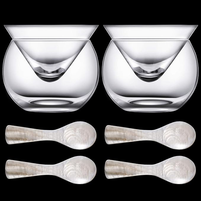 Glass Caviar Serving Set with 4 Pcs Mother of Pearl Spoons 3.2 Inch Caviar Dish Chiller Server Set with Ice Holder for Egg, Ice Cream, Coffee, Restaurant Serving