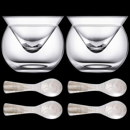 Glass Caviar Serving Set with 4 Pcs Mother of Pearl Spoons 3.2 Inch Caviar Dish Chiller Server Set with Ice Holder for Egg, Ice Cream, Coffee, Restaurant Serving