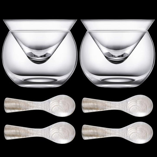 Glass Caviar Serving Set with 4 Pcs Mother of Pearl Spoons 3.2 Inch Caviar Dish Chiller Server Set with Ice Holder for Egg, Ice Cream, Coffee, Restaurant Serving