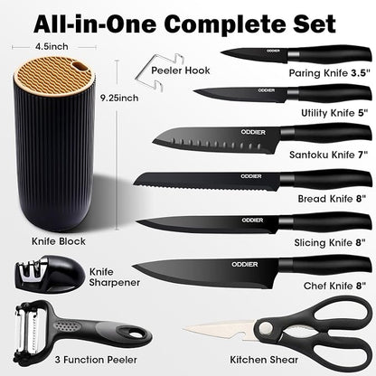 Knife Set, 10 Piece Kitchen Knife Set with Block and Sharpener, Anti-Rust Stainless Steel Knives Set for Kitchen, Chef Universal Knife Block Set, Dishwasher Safe, Ergonomical Design, Black