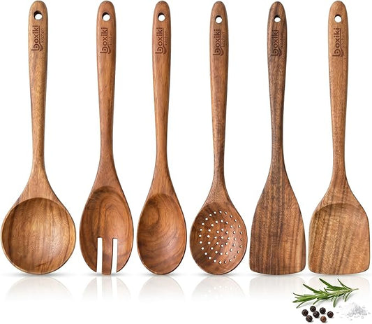 Boxiki Kitchen Luxury Teak Wood Utensil Set - Elegant 6-Piece Cooking Ensemble Including Spoons, Server, Scraper & Spatula - Expertly Crafted for Culinary Excellence