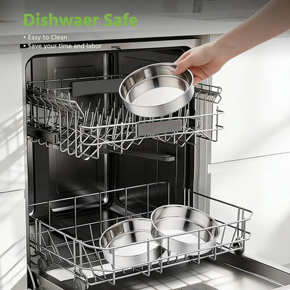 E-far 8 Inch Cake Pan Set of 3, Stainless Steel Round Layer Cake Baking Pans, Non-Toxic & Healthy, Mirror Finish & Dishwasher Safe