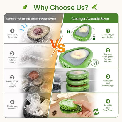 CLEANGOR Avocado Saver with Snap-On Lid, Silicone Food Saver, Reusable Individual Avocado Storage Container, Keep Avocadoes Fresh Longer, Reusable Kitchen Gadget, Dishwasher Safe (1, Green)