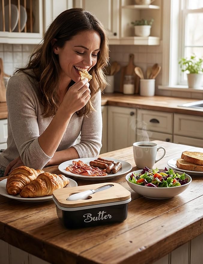 Butter Dish with Lid for Countertop, AISBUGUR Metal Butter Keeper with Stainless Steel Multipurpose Butter Knife, Large Butter Container with Double High-quality Silicone Good Kitchen Gift Black