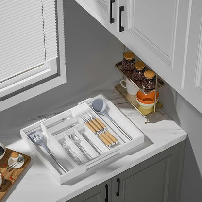 TIOPGHAD Bamboo-Silverware-Drawer-Organizer-Kitchen, Expandable Utensil Holder Cutlery Tray Flatware Organization Adjustable Wood Tableware Dividers Storage (with Removable Knife Block)(White)