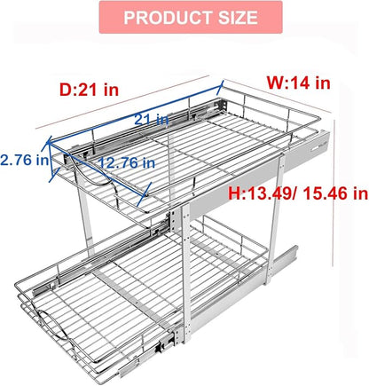 Sikarou Pull Out Cabinet Organizer 14" W x 21" D 2-Tier Individual Slide Out Drawer Pantry Shelf Storage for Kitchen Base Cabinet Organization for Kitchen, Bathroom, Pantry, Chrome