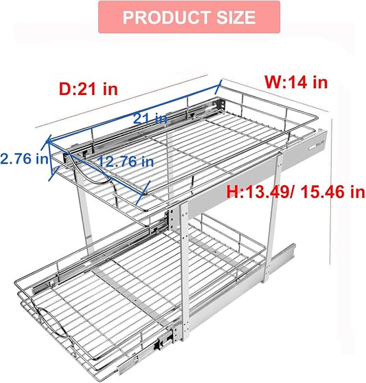 Sikarou Pull Out Cabinet Organizer 14" W x 21" D 2-Tier Individual Slide Out Drawer Pantry Shelf Storage for Kitchen Base Cabinet Organization for Kitchen, Bathroom, Pantry, Chrome