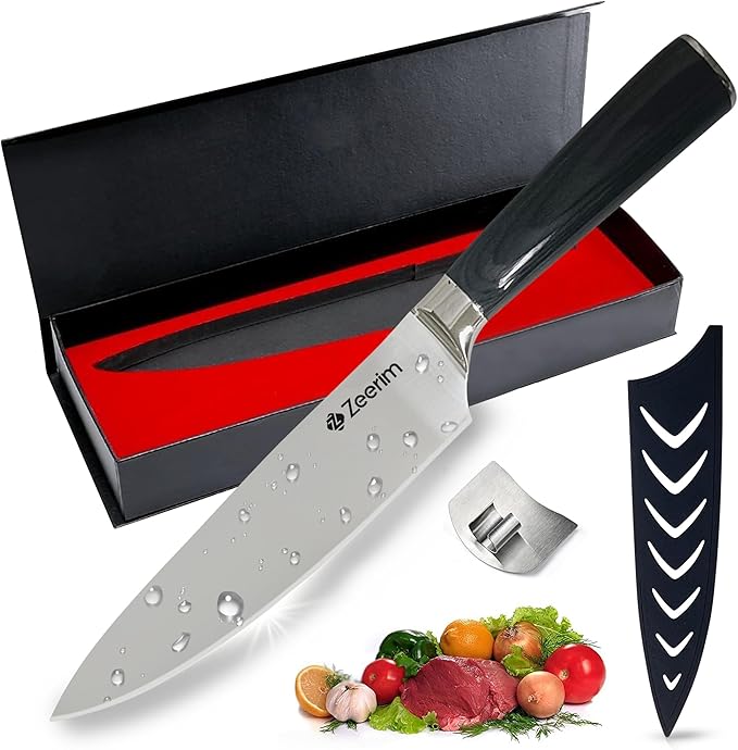 8-Inch Professional Chef Knife – Ultra Sharp High Carbon German Steel Kitchen Knife, Full Tang Forged, Ergonomic Pakkawood Handle, Finger Guard, Razor Edge for Slicing, Dicing & Mincing