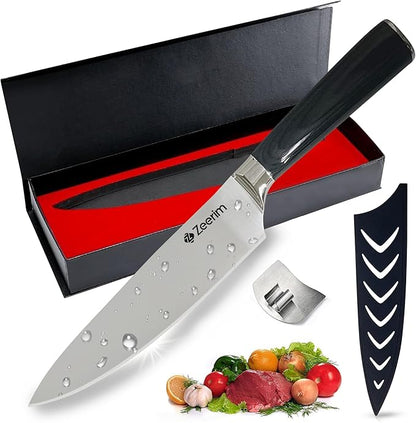 8-Inch Professional Chef Knife – Ultra Sharp High Carbon German Steel Kitchen Knife, Full Tang Forged, Ergonomic Pakkawood Handle, Finger Guard, Razor Edge for Slicing, Dicing & Mincing