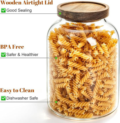 Bekith 2 Pack Large Glass Food Storage Jar with Airtight Wooden Lid, 66 FL OZ(1950ml) Glass Food Canister for Kitchen and Pantry Organization, Storage Containers for Coffee, Rice, Sugar, Flour