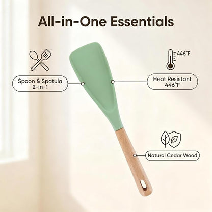 Cooking Spoon for Nonstick Cookwares,Cedar and Ash Spoon, Multifunction Spatula Cooking Spoon, Perfect Silicone Spoon for Mixing, Scoop, and Scrape (GREEN)